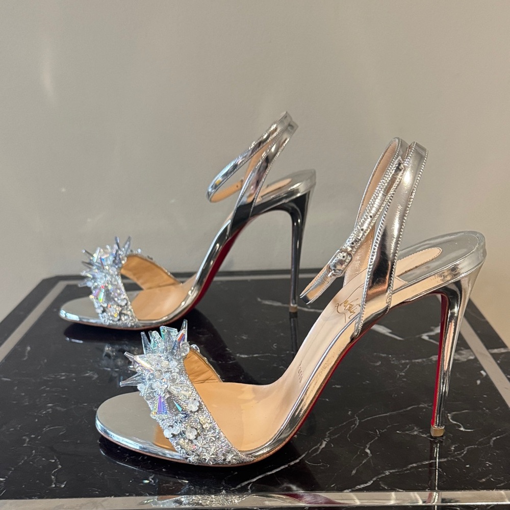 Christian Louboutin Okydok Rare Silver Heels with Crystal Accents 39.5